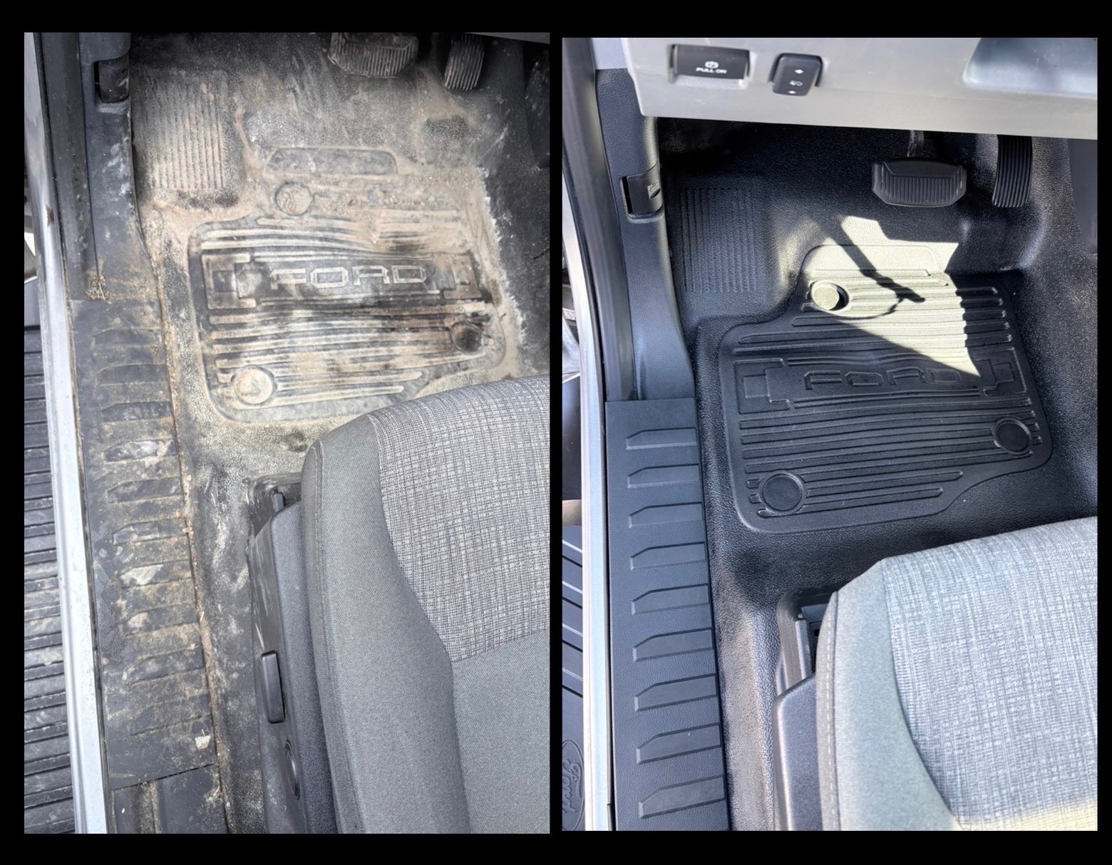 Before and after interior detail — Ford floor area cleaned by Bambrick Mobile Auto Detailing