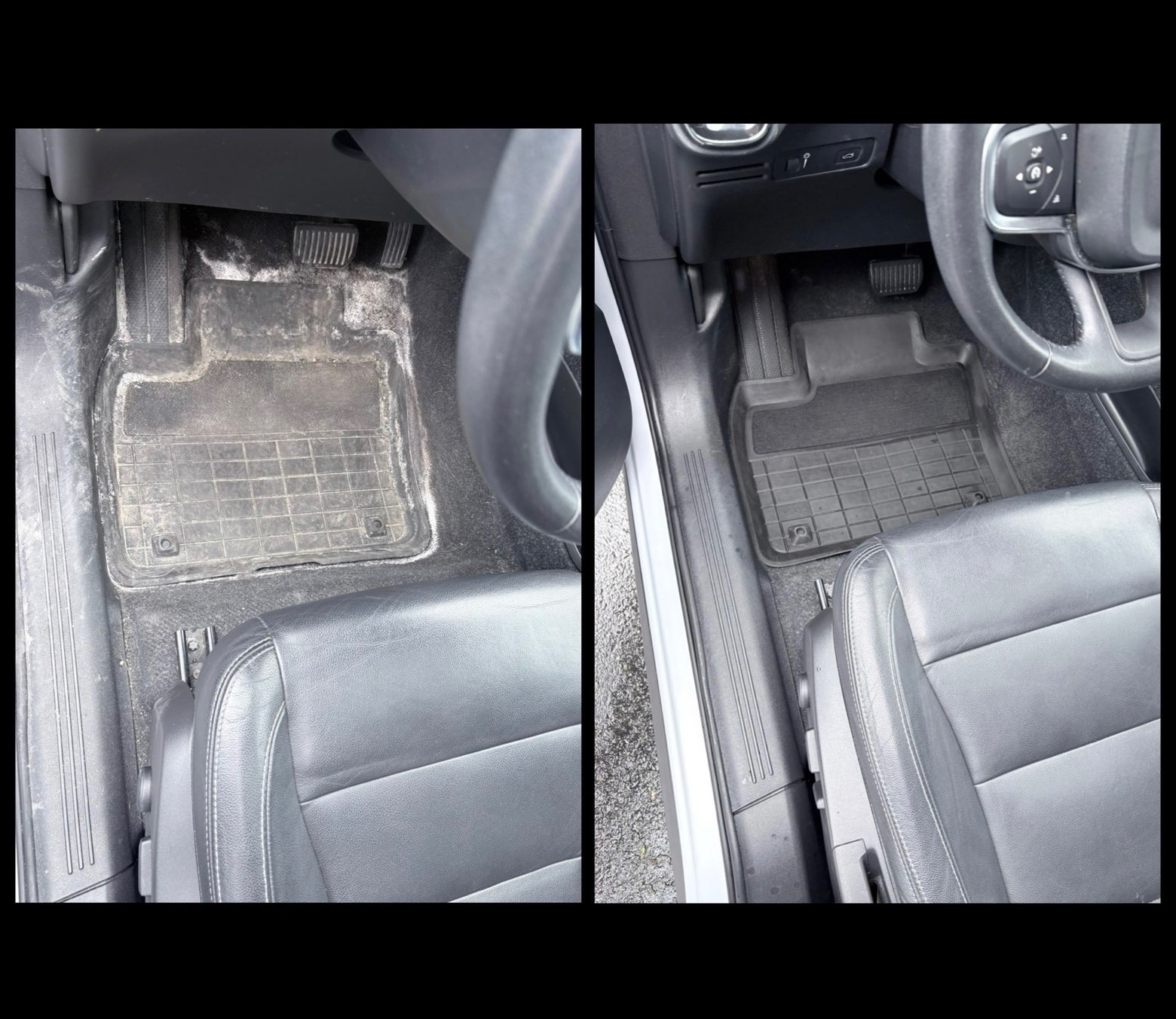 Before and after interior detail — driver-side floor reset by Bambrick Mobile Auto Detailing