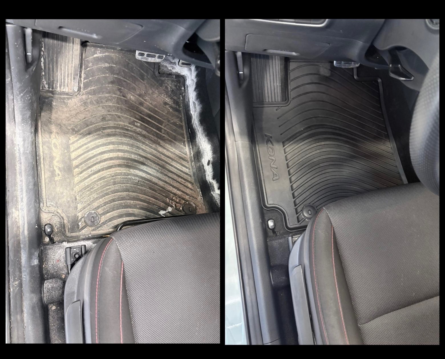 Before and after interior detail — Hyundai Kona floor cleaned by Bambrick Mobile Auto Detailing