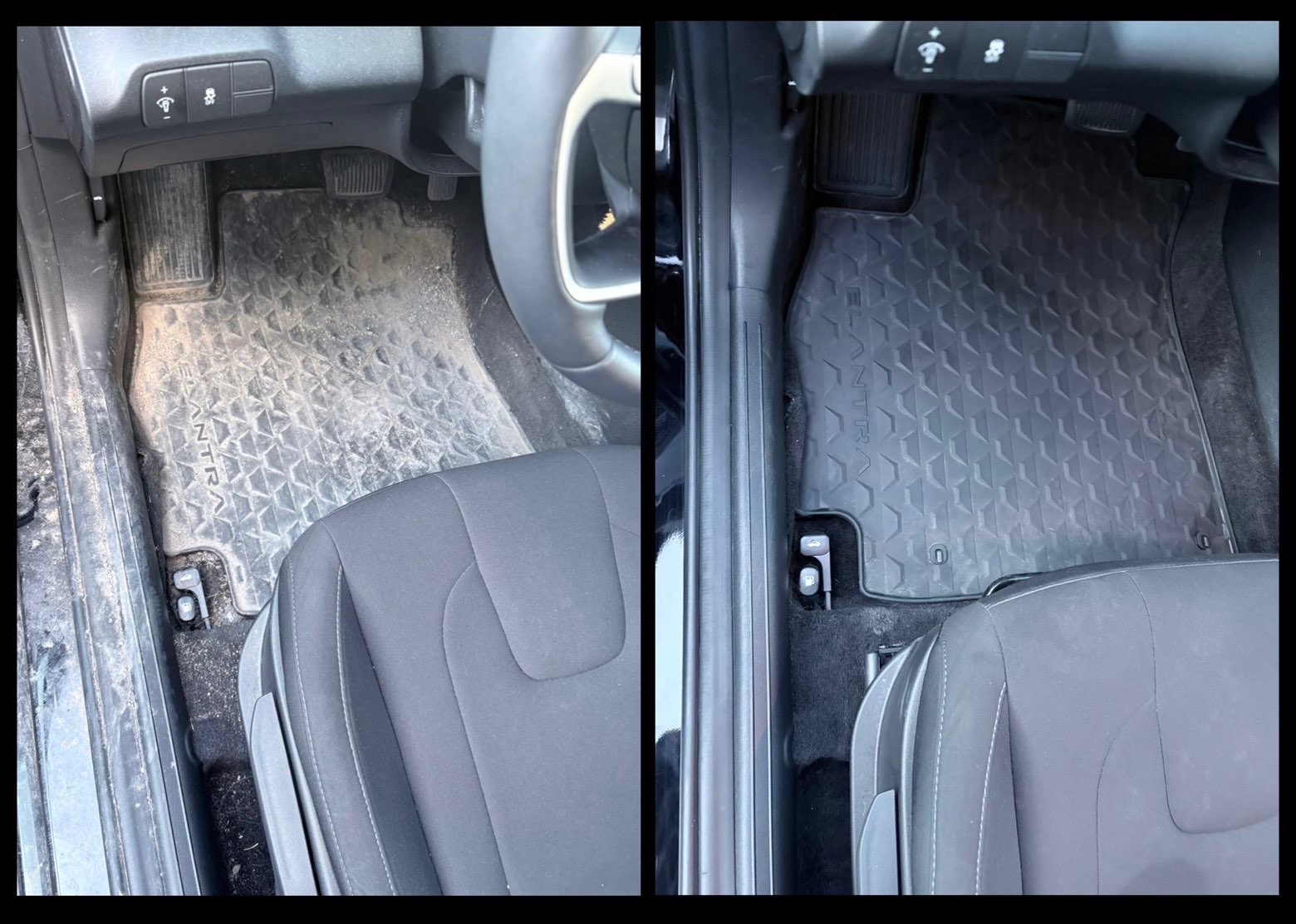 Before and after interior detail — Hyundai Elantra floor reset by Bambrick Mobile Auto Detailing
